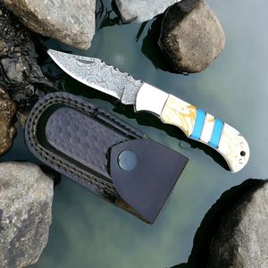 Couteaux de chasse pliants à pointe acérée avec poignée à motif bleu, lame en acier lisse et étui en cuir pour la chasse et le camping - Product Image 4