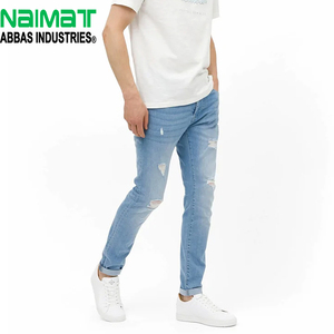 Premium Mens Light Blue Ripped Denim Jeans Slim Fit Stretch Fabric Distressed Style For Casual Wear Fashionable Cotton Pants - Product Image 1
