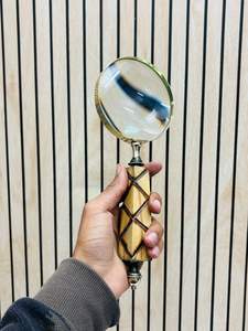 4'' Handheld Magnifying <b>Glass</b> with Geometric Carved Wooden Handle & Brass Frame | Optical <b>Glass</b> <b>Reading</b> Magnifier - Product Image 5