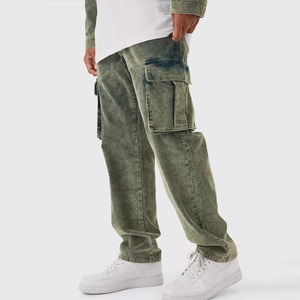 Mens Olive <b>Green</b> Acid Wash <b>Corduroy</b> Cargo Pants Relaxed Fit Wide Leg Multi Pocket <b>Trousers</b> Customized Logo Vintage Streetwear - Product Image 2