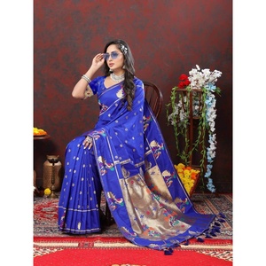 DESITNER PAITHANI SAREE EN SOIE AVEC BLOUSE NON COUCHÉE BLEU - Product Image 1