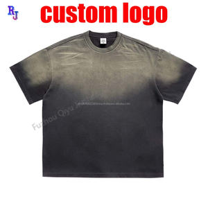 250G Sun Faded Tshirt <b>Spray</b> Dyed Short Sleeved Worn Washed Gradient T-shirt Loose Shoulder Smoke Retro Men's Wear Custom t Shirt - Product Image 2