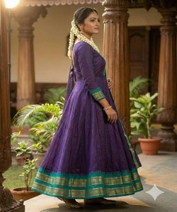 ชุดเดรสผ้าฝ้ายลายแจ็คการ์ดปักลายลูกไม้แบบดั้งเดิม พร้อมผ้าคลุมไหล่ สำหรับงานเทศกาล ราคาขายส่ง เสื้อผ้าชาติพันธุ์ สีม่วง - Product Image 2