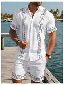 Conjunto de Camisa y Pantalones Cortos Blancos Bordados para Hombre, Estilo Ligero de Poliéster, Atuendo Casual de Verano - Product Image 6