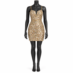 Mirror Mosaic <b>Gold</b> Mini Cocktail <b>Dress</b> with Sweetheart Neckline | Champagne <b>Gold</b> Spaghetti Strap Bodycon <b>Dress</b> for <b>Party</b> Events - Product Image 1