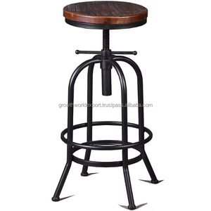 <b>Adjustable</b> Industrial Wooden <b>Stool</b> Vintage Height <b>Adjustable</b> <b>Bar</b> <b>Stool</b> Round Wooden Seat Metal <b>Stool</b> Industrial Screw Lift <b>Stool</b> - Product Image 1
