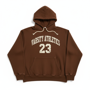 Sweat-shirt à capuche unisexe Varsity Athletics 23 pour homme, en molleton de coton marron, style décontracté avec poches, coupe classique, style automne - Product Image 1