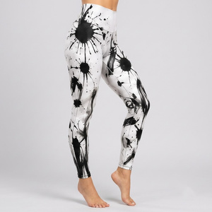 Leggings taille haute pleine longueur avec imprimé éclaboussures d'encre, tissu tricoté extensible peint à la main, style sportif, pour toutes les saisons - Product Image 1