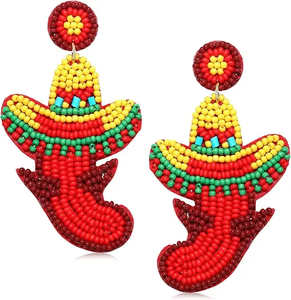 Boucles d'oreilles pendantes perlées style sombrero mexicain dessin animé pour femme, accessoire de mode bohème pour soirée - Product Image 1