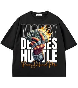 Camiseta Unisex de Estilo Urbano con Estampado Frontal 'Money Defines Hustle Power Defines Me', Cuello Redondo, Manga Corta, Talla Grande, Ecológica - Product Image 1