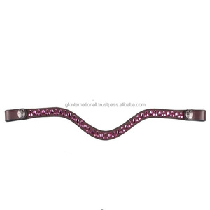 Bandeau de tête pour cheval en cuir véritable noir et brun Havana avec chaîne colorée Hotfix Bling pour bridon. - Product Image 2