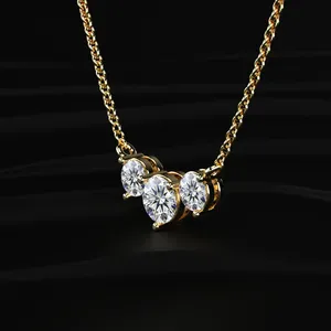 Collar de diamantes de corte redondo clásico de 3 piedras con claridad VVS-VS, collar de diamantes de oro amarillo creados en laboratorio, joyería de diamantes de moda. - Product Image 4