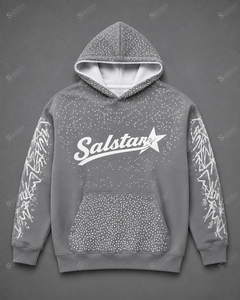 Custom <b>Grey</b> Rhinestone Pullover Hoodie with Graphic Sleeves, Oversized Streetwear <b>Sweatshirt</b>, Premium Custom Logo Hoodie for Men - Product Image 3