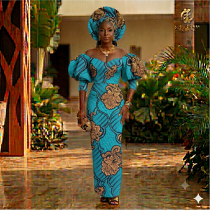 Robe longue africaine en tissu wax vert et blanc avec manches bouffantes et ensemble de foulard Gele assorti - Product Image 2