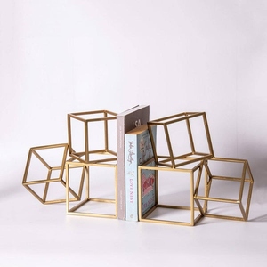 Modern design iron wire geometric hollow cube metal bookend set gold finish decorative <b>book</b> holder minimalist design heavy duty - Product Image 1