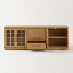 Modern Solid Oak Frame TV <b>Cabinet</b> with Arched Glass Doors and Three Drawer <b>Storage</b> for Contemporary Living <b>Rooms</b> - Product Image 4
