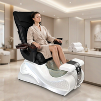 Fauteuil de pédicure spa bicolore noir et blanc avec massage, fauteuil de salon de manucure de luxe avec accoudoirs en bois et bol en verre