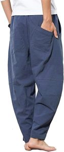 Men's Cotton Linen Drawstring <b>Pants</b> Elastic Waist Casual <b>Summer</b> Beach <b>Pants</b> - Product Image 3