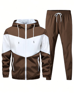 Men's Hooded Color-Blocking Track Suit <b>Set</b> Brown White <b>Knitted</b> 100% Polyester Quick Dry Autumn Casual Wear made in Bangladesh - Product Image 1