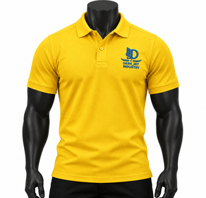 Chemises de golf pour hommes en polyester jaune à manches courtes avec logo brodé sur le devant, couleur unie, séchage rapide, respirantes, tricotées - Product Image 1