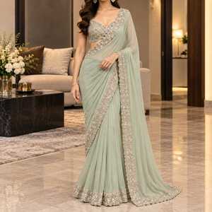 Nouvelle collection de saris de créateurs Vision, brodés, pour occasions spéciales, élégants, en georgette et chiffon, drapés, longueur ras du sol, traditionnels indiens - Product Image 6