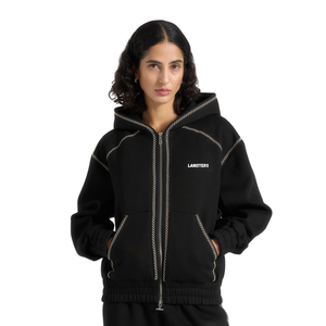 Ensemble de survêtement pour femmes avec capuche et fermeture éclair intégrale, pantalon à jambes larges, coutures décoratives, taille élastique, vente en gros, OEM personnalisés, ensemble deux pièces - Product Image 3