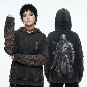 Sudadera con capucha negra personalizada con lavado ácido para mujer, estampado gráfico de anatomía cerebral humana, bordado de músculos en la manga, estilo streetwear desgastado, forro polar - Product Image 3