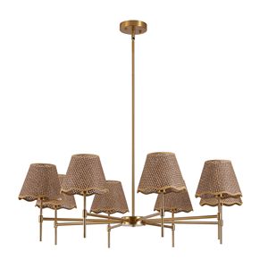 Lampadario a sospensione rustico in rattan a 8 luci, stile boho, oro, 38,6 cm, regolabile in altezza - Product Image 1
