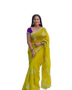 Peacock Work Heavy Fancy bordado puro suave tela crujiente hermoso sari con blusa de contraste pieza para boda especial - Product Image 1