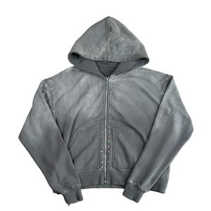 Costumes de sport personnalisés, survêtement délavé à l'acide, sweat à capuche zippé avec strass et pantalon de survêtement évasé, ensemble de survêtement de haute qualité - Product Image 1