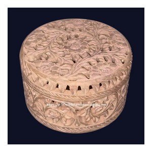 Fabricant indien de boîtes à bijoux en marbre pour l'artisanat de la pierre pour les cadeaux des festivals arabes 10x10 cm Coffrets cadeaux ronds en stéatite - Product Image 1