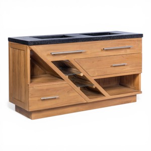 Mueble de Baño Moderno de Lujo con Doble Lavabo de Madera de Teca, Gabinete Flotante de Madera Sólida con Terrazo Negro para Muebles de Baño - Product Image 3