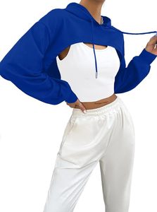 Sudadera con capucha corta blanca con bloques de color en las mangas azules, top informal de otoño para mujer - Product Image 6