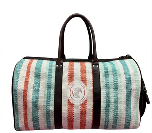 Genuine Leather Canvas Duffle Bag Travel Weekender Overnight <b>Luggage</b> Gym Sports Carry On Handwoven Fabric Zipper Duffel - Product Image 2