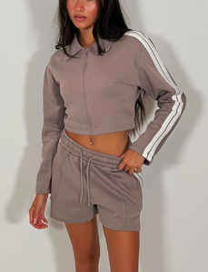 Custom Logo Women's French Terry Tracksuit Y2K Cropped <b>Zip</b> <b>Up</b> Sweatshirt & Shorts 2 Piece Lounge Set Streetwear Outfit OEM Made - Product Image 1
