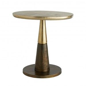 Solum Brass Top Mixed-Material Accent Stand Textured Gold Disc & <b>Rustic</b> Wood Column <b>Table</b> for High-End Decor - Product Image 1