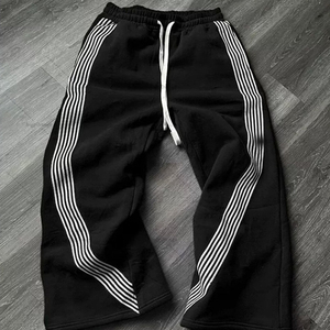 Wholesale 100% Cotton Street Style Baggy Custom Curved Striped Men Wide Leg Oversized Elastic Waist Mid <b>Jogger</b> Sweatpants - Product Image 3