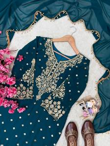 Ensemble Salwar Kameez brodé bleu sarcelle avec palazzo et dupatta – Tenue ethnique pour femme pour mariage, fête et festival - Product Image 4