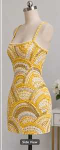 Elegante Vestido Mini de Lujo con Cuentas y Lentejuelas, Transpirable, con Cuentas Hechas a Mano, Diseño Floral Amarillo, Tela de Tul, Largo hasta la Rodilla - Product Image 4