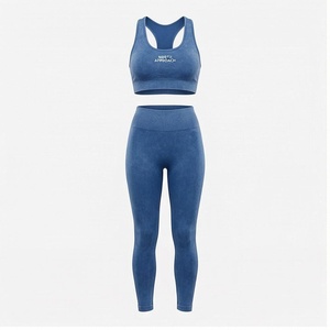 North Approach 2 Piece Yoga Set Racerback <b>Crop</b> <b>Top</b> Full Length Leggings Solid <b>Blue</b> Breathable Seamless Women's Sportswear - Product Image 1