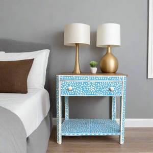 Elegante mesita de noche con incrustaciones de hueso, con arte decorativo y una práctica solución de almacenamiento para el dormitorio. - Product Image 1
