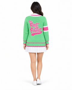 <b>Women's</b> Green Pink Contrast Color Block V Neck Knitted <b>Cardigan</b> Long Sleeve Button Front <b>Sweater</b> with Pockets Preppy Style - Product Image 3