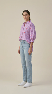Chemise élégante rayée lavande en coton pour femme, haut décontracté d'été à manches longues, tissu léger et stylé, fournisseur en gros - Product Image 4