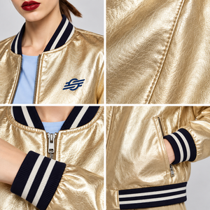 Blouson bomber doré métallisé pour femme, manches longues, fermeture éclair sur le devant, broderie du logo, col rabattu, style décontracté d'automne - Product Image 6