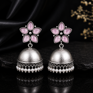 Boucles d'oreilles Jhumka en argent oxydé avec pierres roses, faites à la main, à franges de perles, bijoux ethniques de mode, vente en gros, fabricant - Product Image 5
