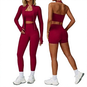 Women 2 Piece Yoga Set Solid Color High Waist Leggings <b>Crop</b> <b>Top</b> Quarter Zip Jacket Spandex Polyester Workout Wear - Product Image 4