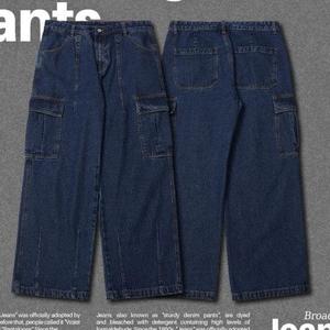 Pantalon cargo en denim taille haute coupe ample couleur unie style utilitaire pour homme – Jean en coton mi-lourd pour l'automne, lavage classique - Product Image 1