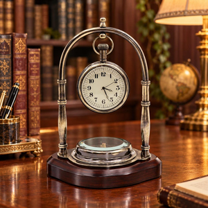 Reloj de Escritorio Náutico Vintage con Brújula sobre Base de Madera, Reloj de Mesa Colgante de Metal Antiguo, Decoración Clásica Marítima para Oficina - Product Image 1