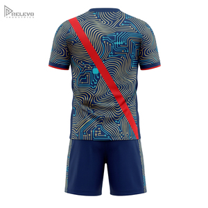 Conjunto de Uniforme de Fútbol Personalizado por Sublimación, 100% Poliéster, con Cuello y Cinta Circundante, Camiseta y Pantalones Cortos para Hombre, Franja Diagonal Azul Marino y Roja - Product Image 2