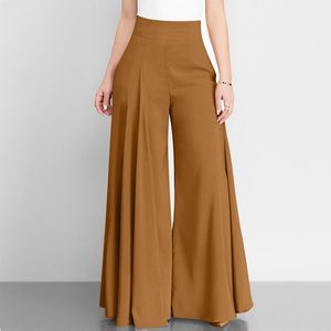 Pantalon large taille haute élastique en crêpe couleur unie coupe ample longueur totale décontracté pour femme 100% coton automne - Product Image 1